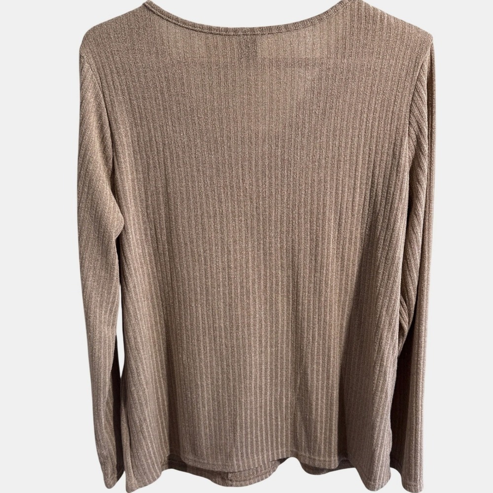 Ebizza Womens Ribbed V-Neck Long Sleeve Top Tan Brown Strap Detail Size Large - Picture 2 of 6